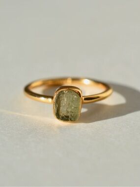 Dainty Bezel Set Rough Cut Moldavite Ring - vermeil gold size 6